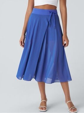 Halara High Waisted Drawstring Mesh  Built in Shorts Pocket Midi Flare Skirt